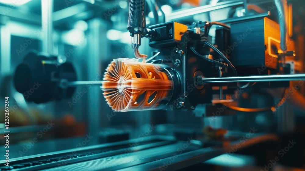 Fototapeta premium Modern robotic arm is holding a newly created orange plastic prototype in an advanced automated production line, showcasing innovative manufacturing technology