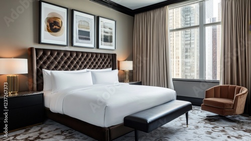 A luxurious bedroom featuring a tufted velvet headboard, opulent curtains, and a plush carpet, with sleek, modern furniture and soft lighting