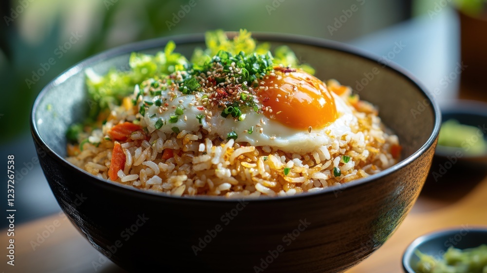 Delicious fried rice with sunny-side-up egg and fresh herbs in a bowl Delicious fried rice with sunny-side-up egg and fresh herbs in a bowl