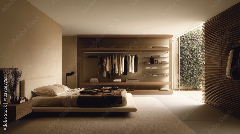 Fototapeta premium A minimalist bedroom with a simple bed and neutral tones, an open closet with hanging clothes, and no excessive decor, embodying simplicity