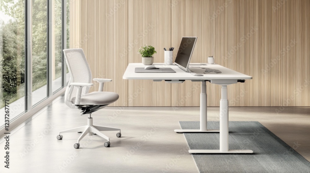 Fototapeta premium A minimalist home office with a minimalist desk, a laptop, a chair, and a small indoor plant, with a bright window creating an inviting and organized space