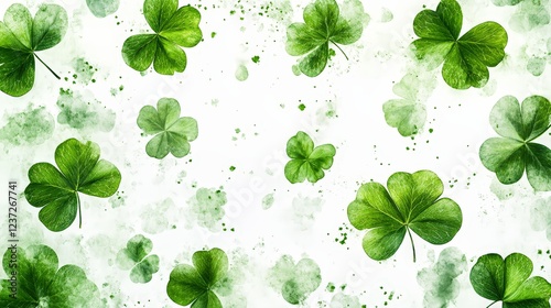 A seamless watercolor shamrock pattern on a white background. Ideal for festive decorations, St. Patrick's Day, and Irish-themed designs.