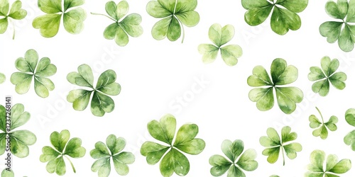 A seamless watercolor shamrock pattern on a white background. Ideal for festive decorations, St. Patrick's Day, and Irish-themed designs.