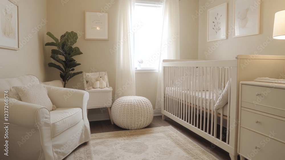 Cozy baby nursery with crib and armchair in soft neutral tones Cozy baby nursery with crib and armchair in soft neutral tones