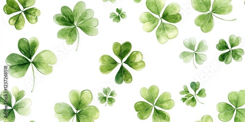 A seamless watercolor shamrock pattern on a white background. Ideal for festive decorations, St. Patrick's Day, and Irish-themed designs.
