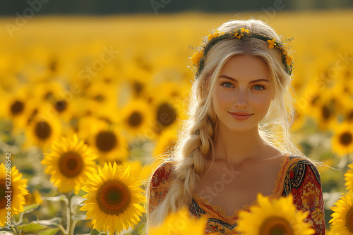A beautiful blonde model with long hair posing in a field of common sunflowers during a photo shoot in nature.