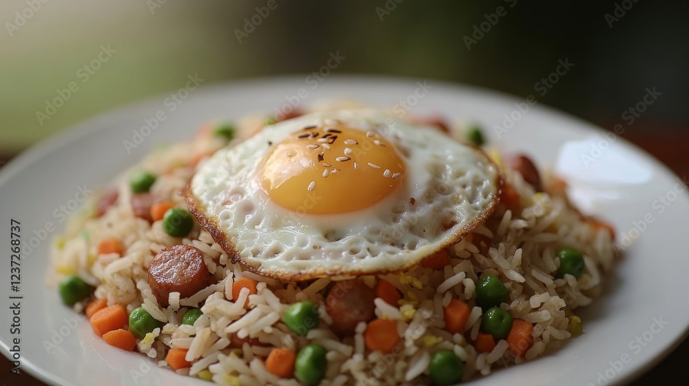 A plate of American fried rice with a perfectly fried egg, sausages, peas, and carrots, served on a bright white plate against a soft background A plate of American fried rice with a perfectly fried egg, sausages, peas, and carrots, served on a bright white plate against a soft background