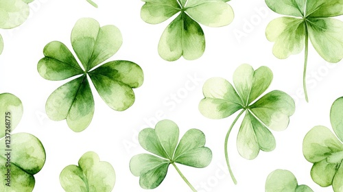 A seamless watercolor shamrock pattern on a white background. Ideal for festive decorations, St. Patrick's Day, and Irish-themed designs.