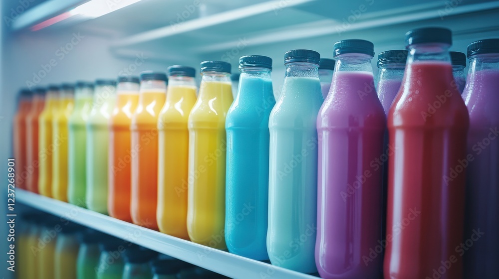 Multiple colorful yogurt drink bottles arranged neatly in a refrigerator shelf, with the door slightly open and soft light highlighting the condensation on the bottles. Multiple colorful yogurt drink bottles arranged neatly in a refrigerator shelf, with the door slightly open and soft light highlighting the condensation on the bottles.