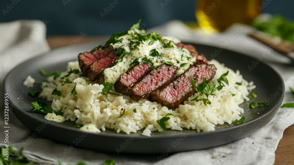 A plate of beef rice with a tender, flavorful beef steak served over steaming white rice, garnished with herbs and a drizzle of sauce, creating a mouthwatering scene A plate of beef rice with a tender, flavorful beef steak served over steaming white rice, garnished with herbs and a drizzle of sauce, creating a mouthwatering scene