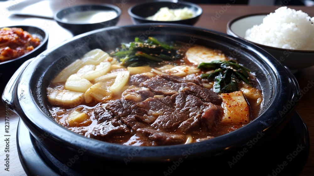 Close-up of Galbijjim Stew with Rice, Kimchi, and Broth, Traditional Korean Cuisine, Dark Bowl, Steam Rising, Appetizing, On Wooden Table Close-up of Galbijjim Stew with Rice, Kimchi, and Broth, Traditional Korean Cuisine, Dark Bowl, Steam Rising, Appetizing, On Wooden Table