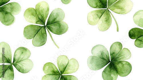 A seamless watercolor shamrock pattern on a white background. Ideal for festive decorations, St. Patrick's Day, and Irish-themed designs.