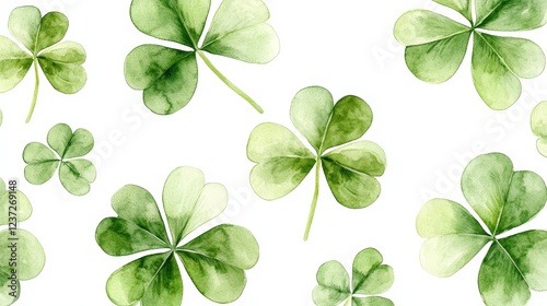 A seamless watercolor shamrock pattern on a white background. Ideal for festive decorations, St. Patrick's Day, and Irish-themed designs.
