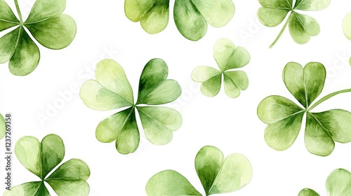 A seamless watercolor shamrock pattern on a white background. Ideal for festive decorations, St. Patrick's Day, and Irish-themed designs.