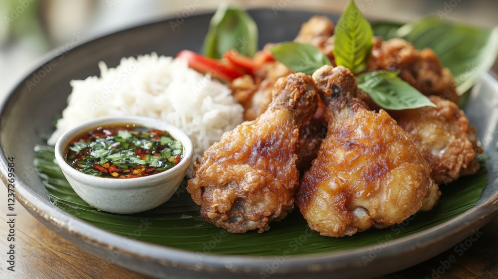 Fototapeta premium A plate of perfectly fried chicken with a crisp exterior, served with aromatic rice, fresh herbs, and a small bowl of dipping sauce, all set on a simple plate