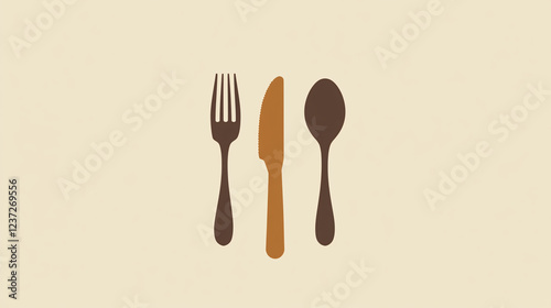 a simple modern illustration of a fork knife and spoon in brown tones on a beige background representing dining and minimal food concepts

