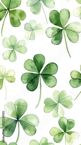A seamless watercolor shamrock pattern on a white background. Ideal for festive decorations, St. Patrick's Day, and Irish-themed designs.