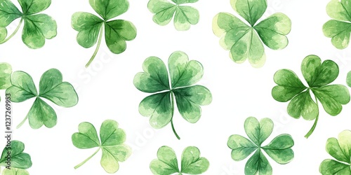 A seamless watercolor shamrock pattern on a white background. Ideal for festive decorations, St. Patrick's Day, and Irish-themed designs.