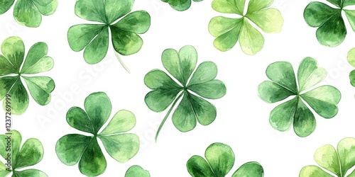 A seamless watercolor shamrock pattern on a white background. Ideal for festive decorations, St. Patrick's Day, and Irish-themed designs.