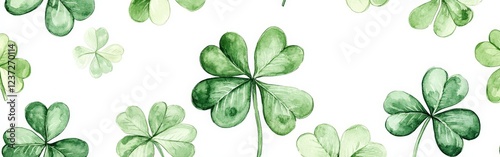 A seamless watercolor shamrock pattern on a white background. Ideal for festive decorations, St. Patrick's Day, and Irish-themed designs.