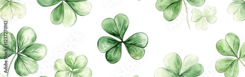 A seamless watercolor shamrock pattern on a white background. Ideal for festive decorations, St. Patrick's Day, and Irish-themed designs.