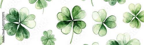 A seamless watercolor shamrock pattern on a white background. Ideal for festive decorations, St. Patrick's Day, and Irish-themed designs.