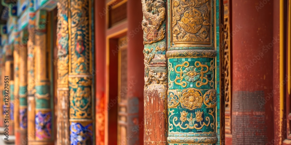 Close up view of intricately carved pillars displaying traditional chinese artistry and vibrant colors, reflecting the rich cultural heritage of ancient architecture Close up view of intricately carved pillars displaying traditional chinese artistry and vibrant colors, reflecting the rich cultural heritage of ancient architecture