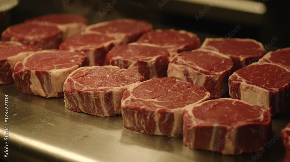 A selection of freshly butchered cuts of beef on a stainless steel counter, with the meats natural red hue and marbling standing out under ambient lighting A selection of freshly butchered cuts of beef on a stainless steel counter, with the meats natural red hue and marbling standing out under ambient lighting