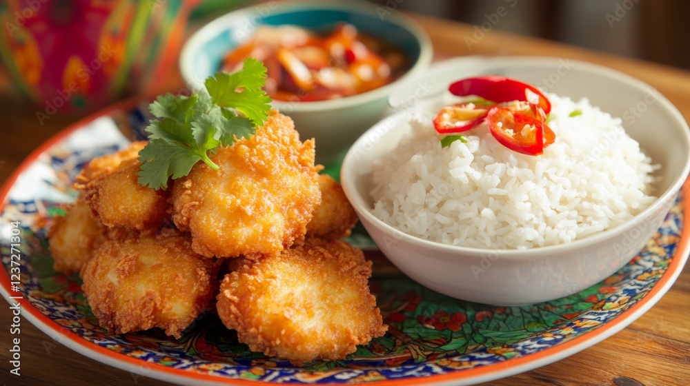 A serving of golden fried chicken alongside a bowl of steamed rice, garnished with fresh cilantro and chili, placed on a traditional Thai-style plate with a vibrant backdrop A serving of golden fried chicken alongside a bowl of steamed rice, garnished with fresh cilantro and chili, placed on a traditional Thai-style plate with a vibrant backdrop