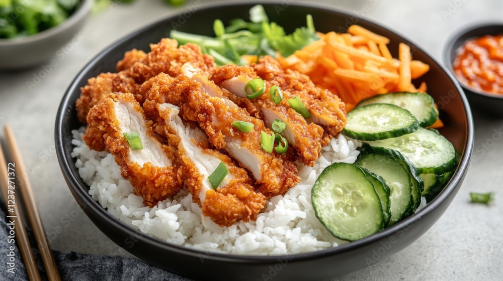 A shot of crispy fried chicken placed on a bed of steamed white rice, accompanied by a few fresh vegetables, with a focus on the textures of the food A shot of crispy fried chicken placed on a bed of steamed white rice, accompanied by a few fresh vegetables, with a focus on the textures of the food