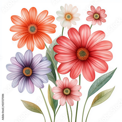 Watercolor botanical illustration of gerbera daisies, dense arrangement, high resolution on white background