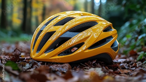 Yellow bike helmet on autumn leaves, forest background