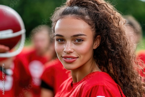 Female hispanic young football player smiling on field with team photo