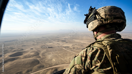 A soldier in full tactical gear stares through the helicopter window, observing the desert terrain, the faint outlines of border security installations visible below. photo