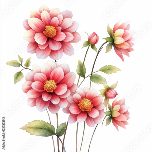 Watercolor botanical illustration of dahlia, dense arrangement, high resolution on white background