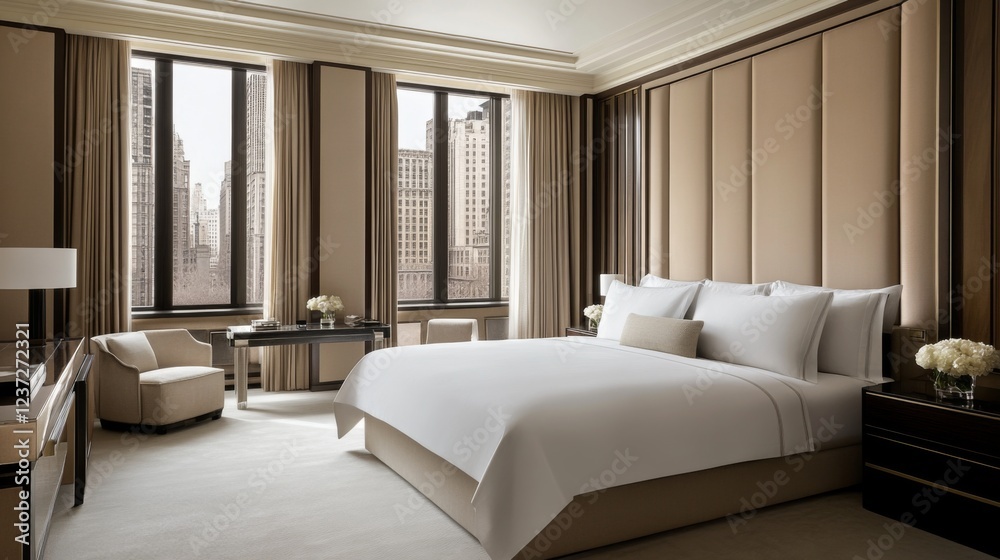 A sophisticated bedroom with a minimalistic design, featuring a large statement bed, elegant nightstands, and a mix of plush textures, bathed in natural light A sophisticated bedroom with a minimalistic design, featuring a large statement bed, elegant nightstands, and a mix of plush textures, bathed in natural light