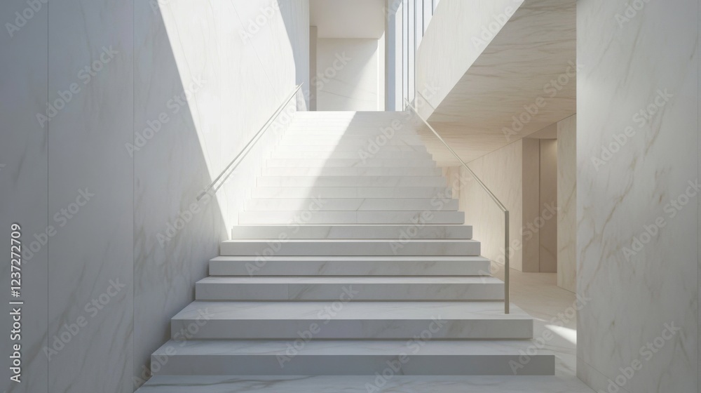 A staircase with white marble steps, surrounded by clean lines and a minimalist design, featuring a simple metal handrail in a bright space A staircase with white marble steps, surrounded by clean lines and a minimalist design, featuring a simple metal handrail in a bright space