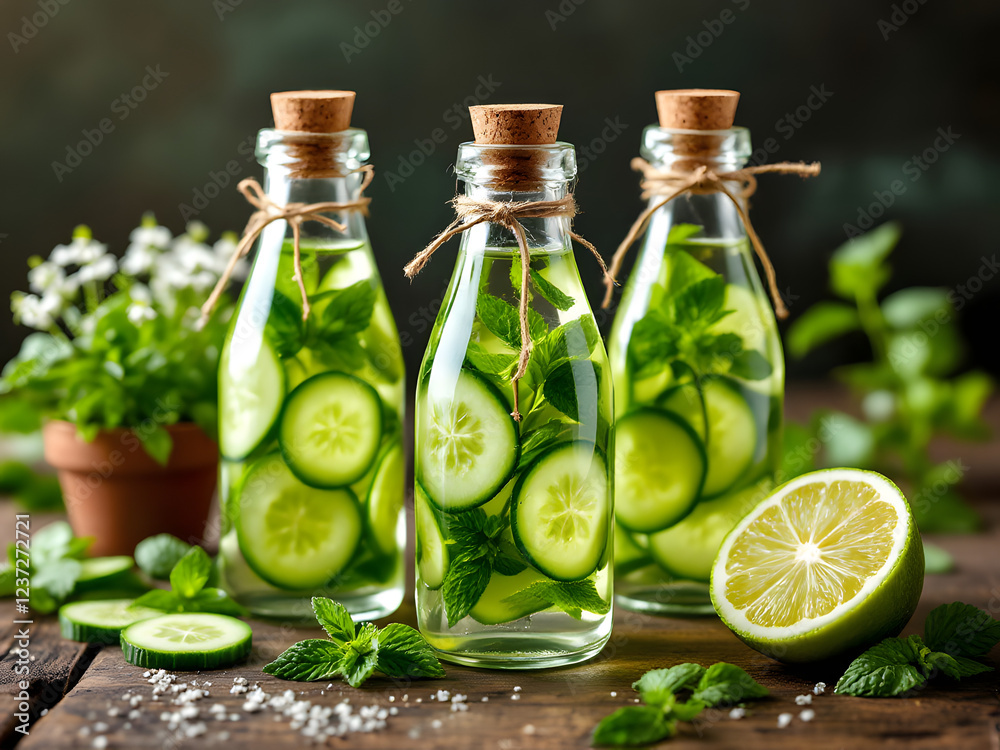 Bottles of cucumber, lime, and mint-infused water on a rustic table with fresh ingredients. Bottles of cucumber, lime, and mint-infused water on a rustic table with fresh ingredients.