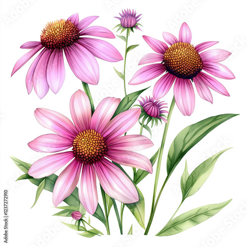 Watercolor botanical illustration of echinacea, dense arrangement, high resolution on white background