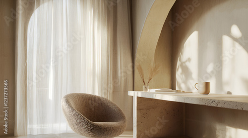 Sunlit minimalist room with a cozy chair, a desk, and natural elements. Peaceful and serene atmosphere.