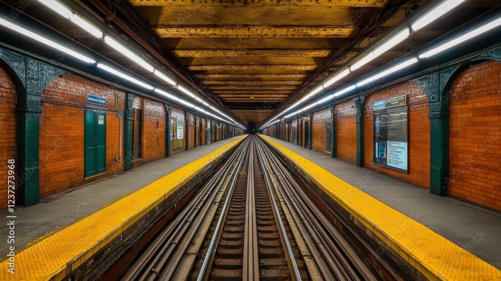 Fototapeta premium A top-down view of a subway tunnel with parallel tracks stretching far into the distance, illuminated by strategically placed lights, creating an industrial, minimalist look