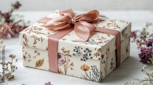 Floral gift box with pink ribbon on white surface surrounded by dried flowers