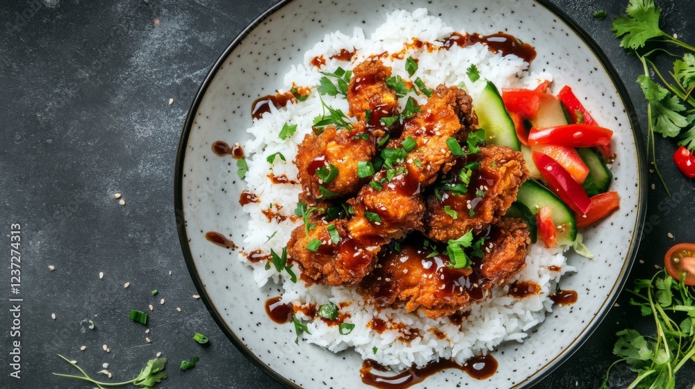 A top-down view of crispy fried chicken pieces on a bed of fluffy white rice, with a drizzle of sauce and fresh vegetables on the side, set on a clean plate A top-down view of crispy fried chicken pieces on a bed of fluffy white rice, with a drizzle of sauce and fresh vegetables on the side, set on a clean plate