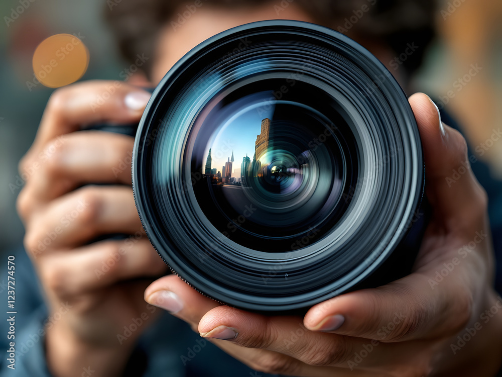 Camera, lens, cityscape, reflection, urban, photography, focus, hands, photographer, capturing, scene, buildings, street, lights, night, perspective, depth, glass, circular, vibrant, dynamic, artistic