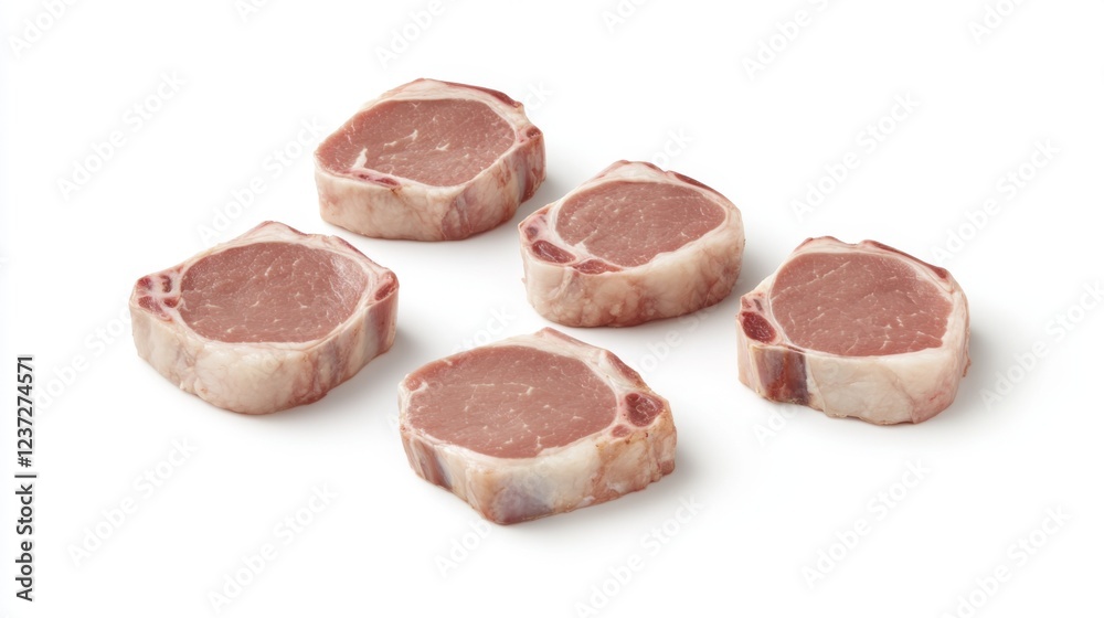 A variety of fresh pork cuts displayed on a clean surface, with visible fat lines and a glossy appearance, capturing the freshness of the meat A variety of fresh pork cuts displayed on a clean surface, with visible fat lines and a glossy appearance, capturing the freshness of the meat