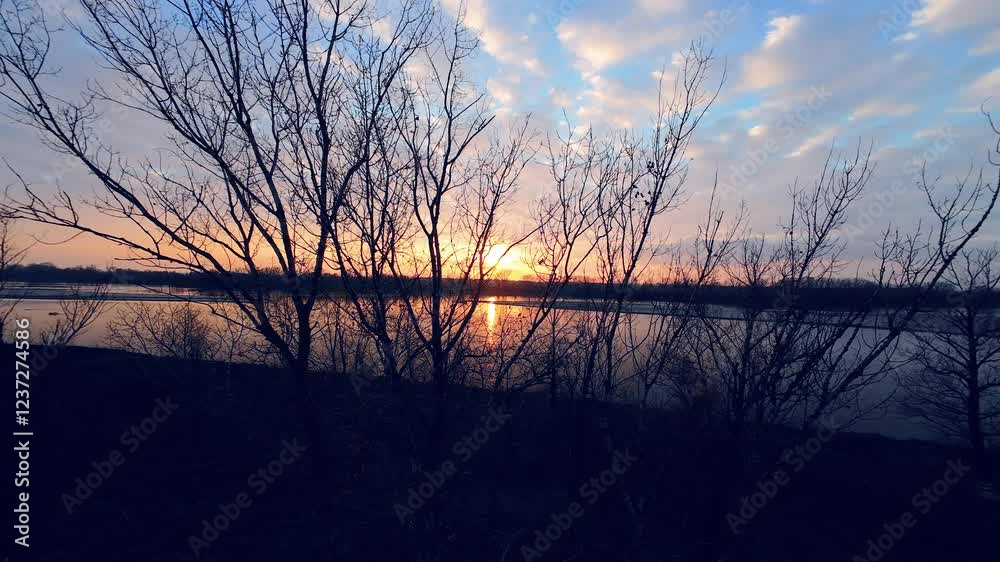 Sunset seen through bare trees over lake. Sunset seen through bare trees over lake.