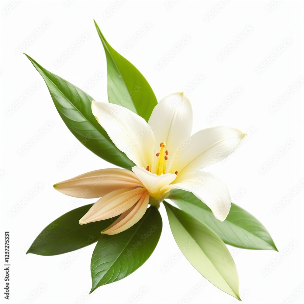 Obraz premium Isolated Vanilla Flower with Pods and Leaves on white Background