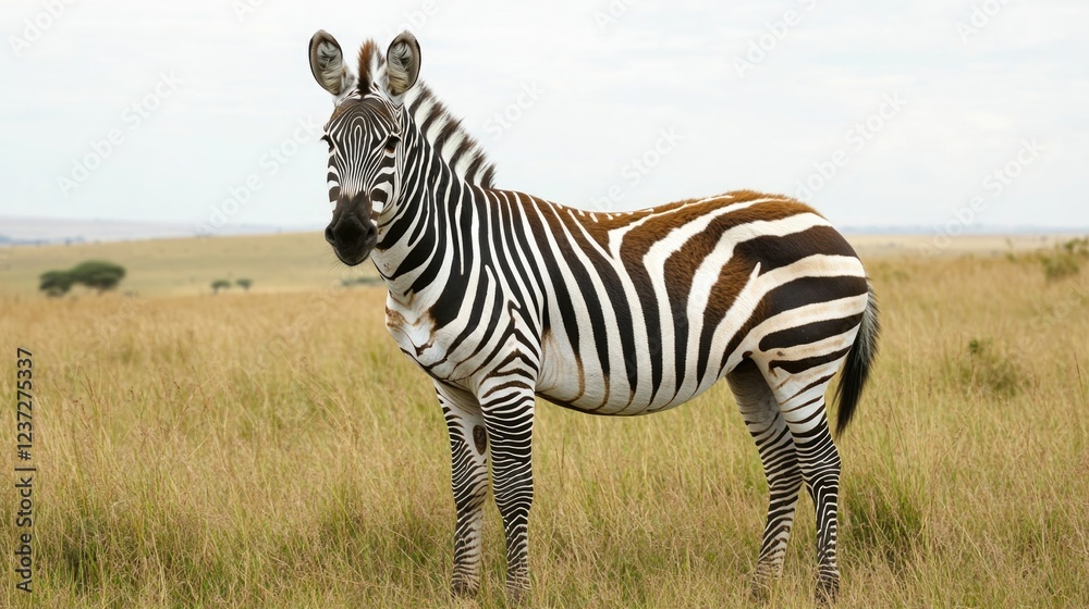 Fototapeta premium Zebra standing in grassy field, enjoying natural environment.