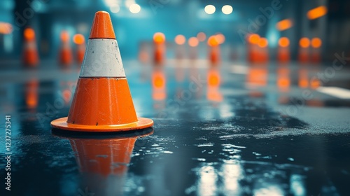 A bright orange traffic cone in sharp focus, with a blurred red sports car racing past in a wet tunnel. Perfect for themes related to speed, caution, road safety, and urban environments.