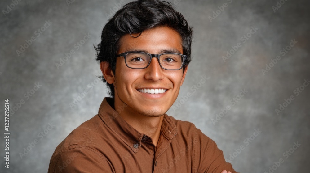 Fototapeta premium Confident young man smiling in glasses against gray background, crossed arms